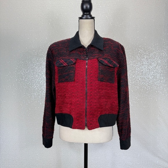Christina Hope Petite Red Black Woven Zip-Up Jacket Retro Vintage Style Medium - Picture 2 of 9